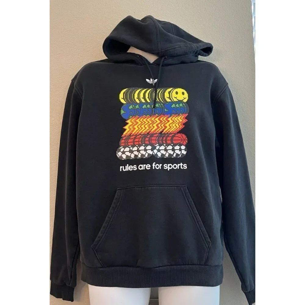 Adidas Mens Small Sweatshirt Fleece Hoodie Basketball Soccer Smiley Face Y2K